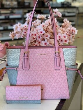 Michael Kors Pink and Gray Signature Tote with Matching Wallet
